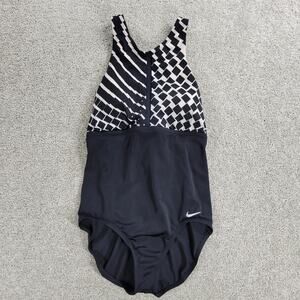 Nike Rush High Neck One Piece Swimsuit Womens M Black White Geo Criss Cross Back